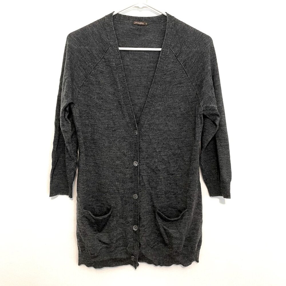 J.MCLAUGHLIN J MCLAUGHLIN Gray V-Neck 3/4 Sleeve MERINO WOOL Cardigan Sweater M